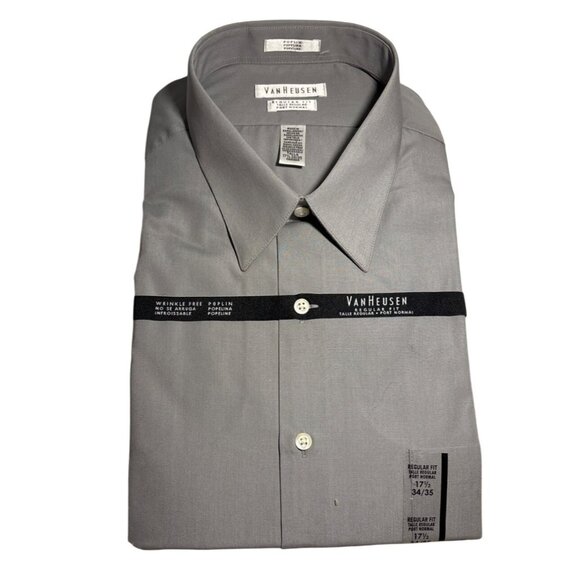 Van Heusen Shirt Men Regular Fit Wrinkle Free Poplin Dress Shirt 17.5 34/35 Gray - Picture 1 of 8